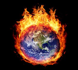 A graphic of the earth engulfed in flames.